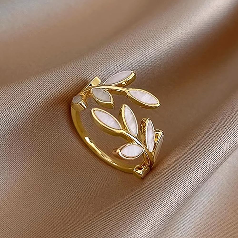 Open Rings for Women, Leaf Design, Delicate White Enamel Jewelry for Daily Life