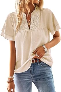 Falechay Womens Tops Boho Flowy Shirts Dressy Casual Short Sleeve Blouses | V Neck Loose Fit Blouses, Business Work, Hide Tummy, Lace Ladies Summer Outfits, Swiss Dot, Babydoll Crochet Clothes XS-6XL