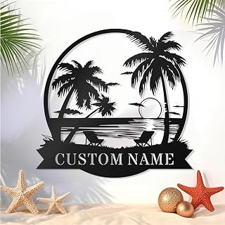 Custom Beach Metal Sign, Personalized Palm Tree Last Name Sign, Beach House Decor, Coastal Outdoor Wall Art, Metal Signs for Outside, Beach Lovers Gift