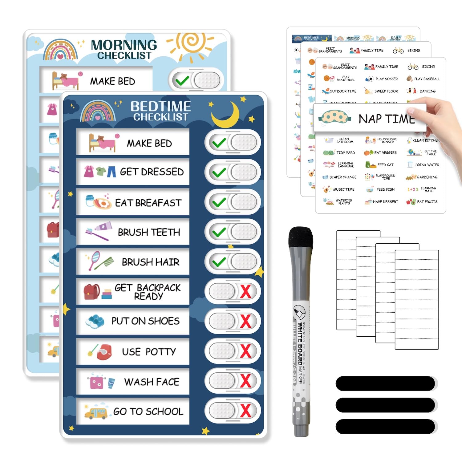2 in 1 Bedtime/Morning Routine Chart for Kids Toddlers, Magnetic Chore Chart for