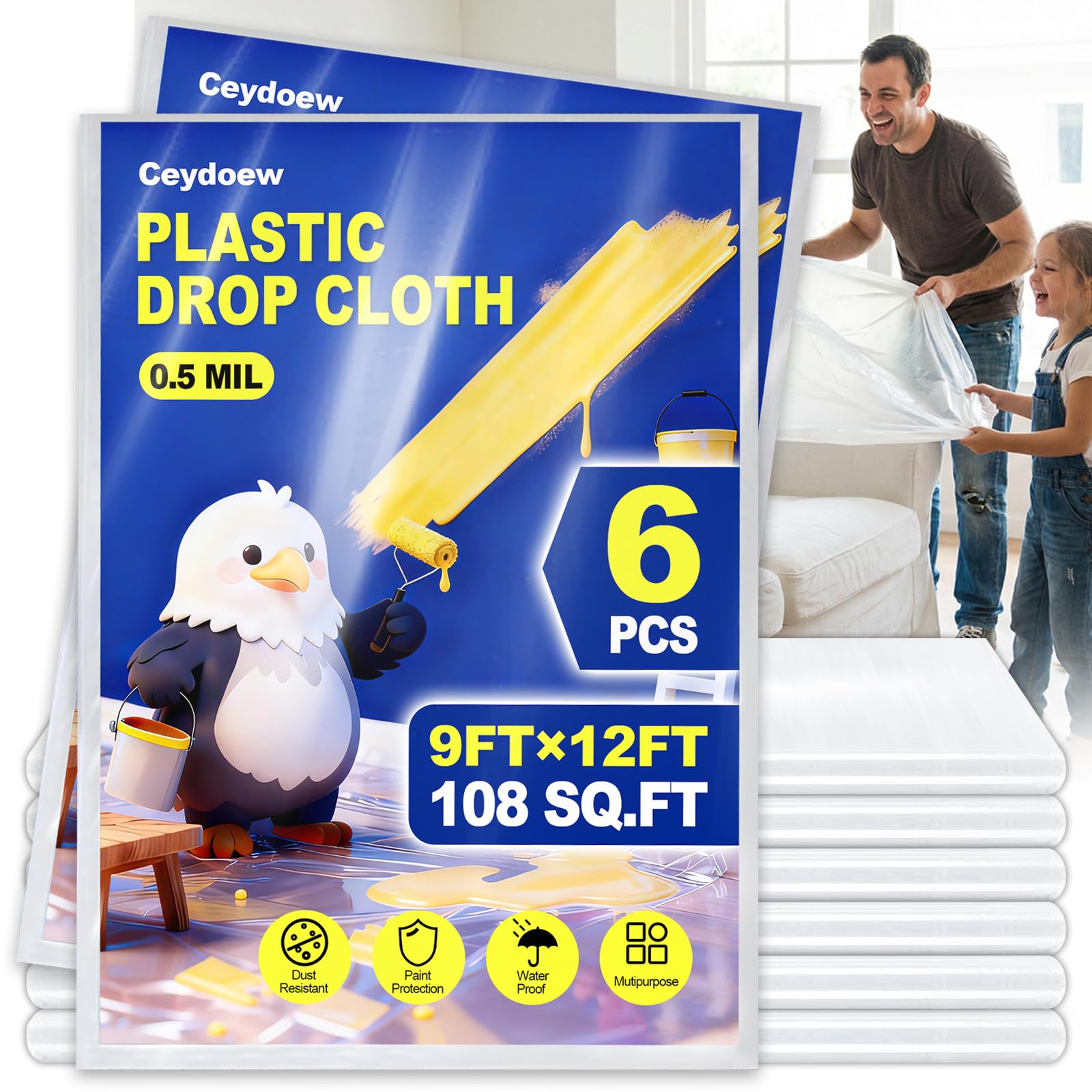 Ceydoew 6 Pack Plastic Drop Cloths for Painting 9x12ft - Disposable Premium Plas