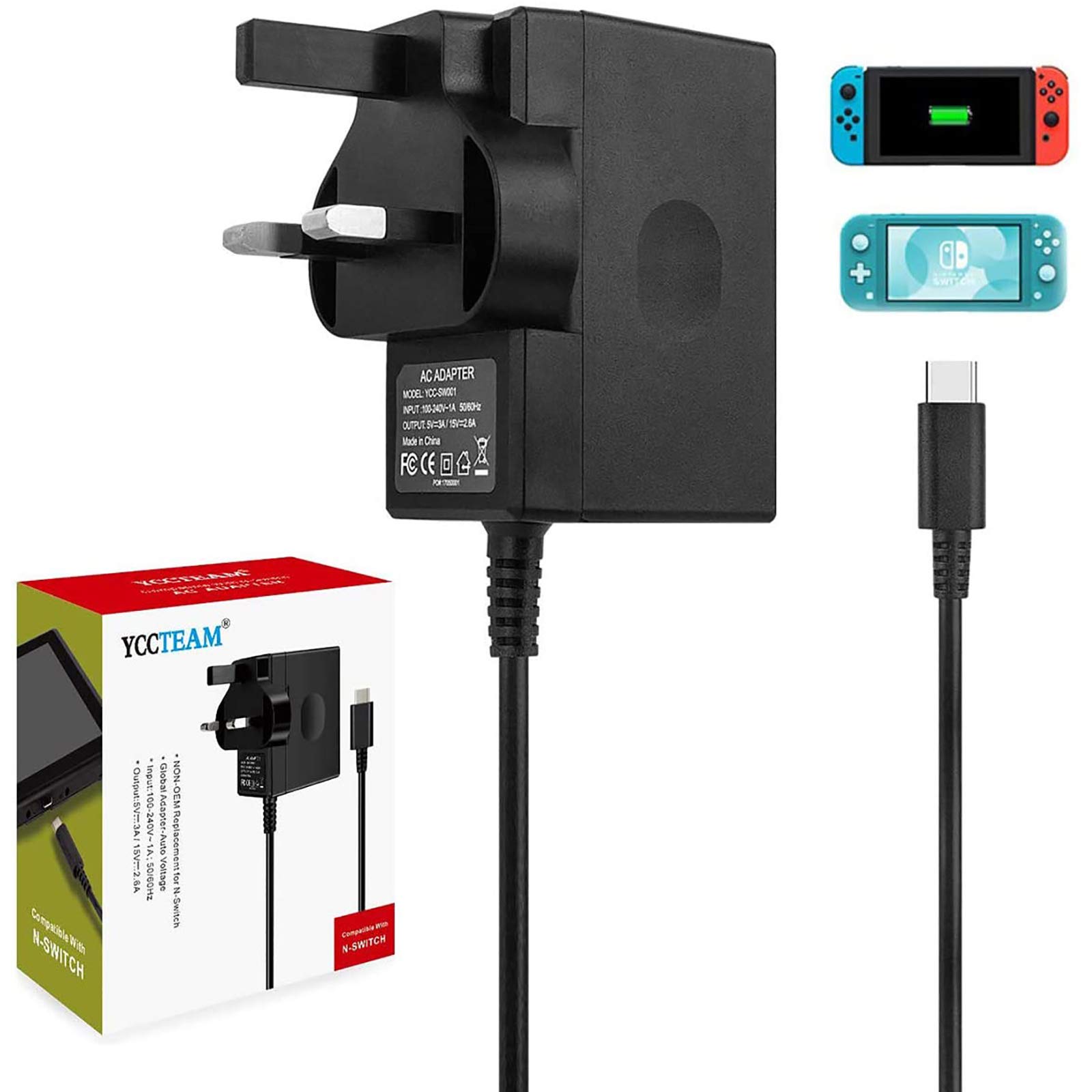 YCCTEAM 45W Charger for Switch 1/2 /Switch OLED/Switch Lite, 2Hours 15V/3A Fast 
