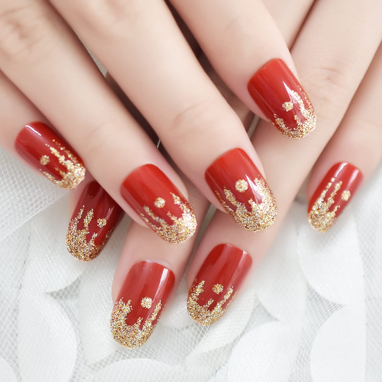 Christmas Nails Glossy Red Press Nail Golden Glitter French Fake Nails Medium Le