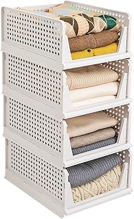 Stackable Plastic Storage Basket, Closet Organizer and Storage - 4 Pack L