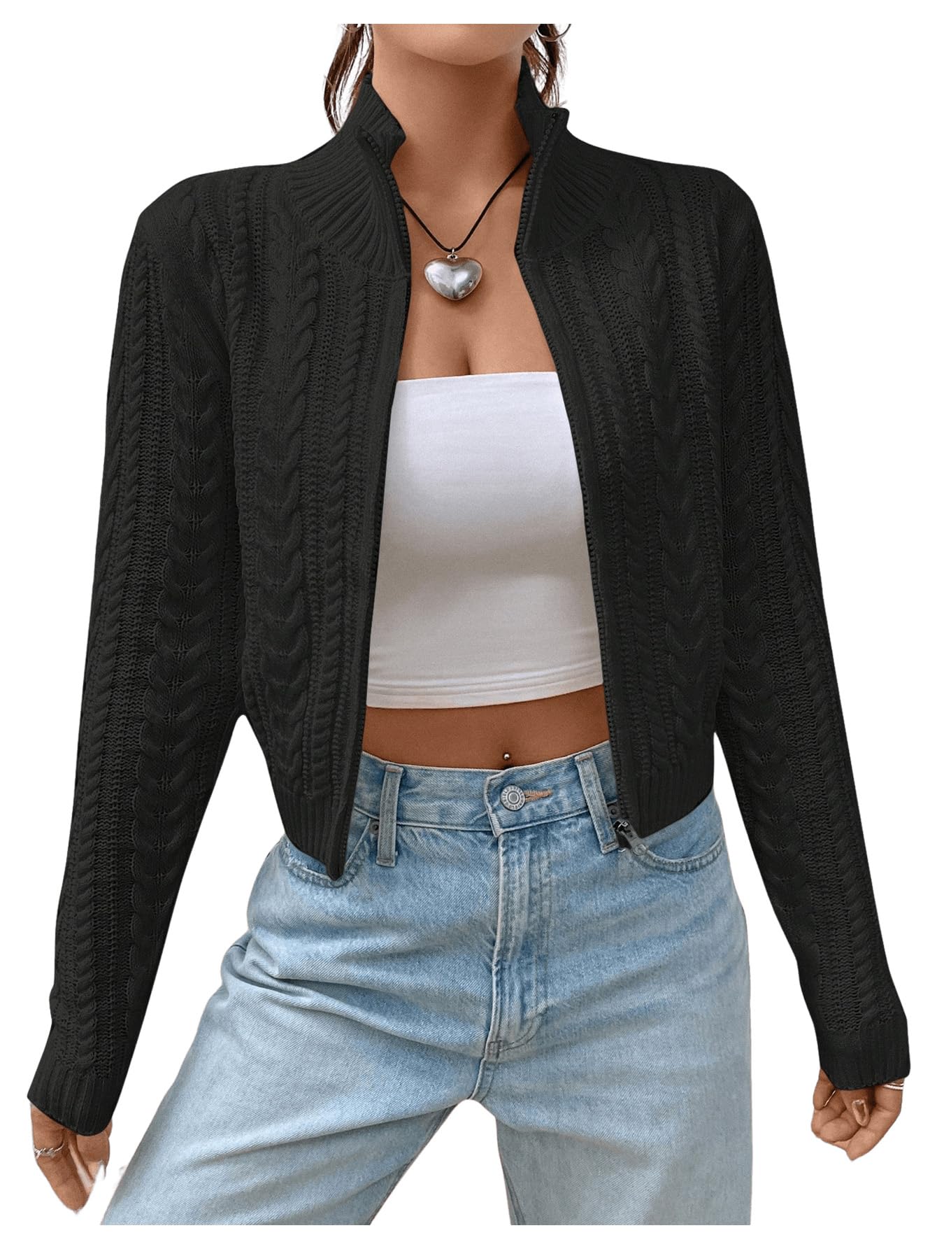 MakeMeChic Women's Cropped Cable Knit Sweater Zip Cardigan Fall Clothes