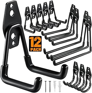 HUPBIPY 12 Pack Garage Hooks Heavy Duty, Wall Mount Ladder Hooks | Storage Organizer With a non-slip coating for Hanging Bicycles Garden Tools Ladders Hoses Ropes and Loose Items(Black)