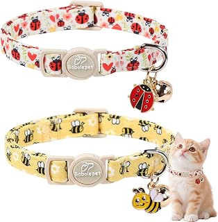 Babole Pet 2 Pack Cute Cat Collars - Cartoon Bee Ladybug Breakaway Cat Collar with Bell & Matching Pendant, Adjustable Spring Summer Kitten Collars for Boy Girl Cats