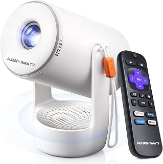 Aurzen Roku TV E1R Smart Portable Mini Projector with WiFi and Bluetooth | Roku TV Built-in, Upgraded Sound Base, 180° Rotation, Auto Vertical Keystone, Zoom, Portable for Home Movie/Bedroom/Outdoor