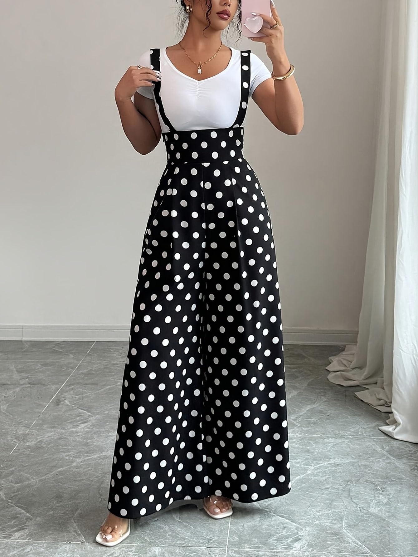 Fall Women's Polka Dot Jumpsuit Wide Leg Suspenders Pants Baggy Overall