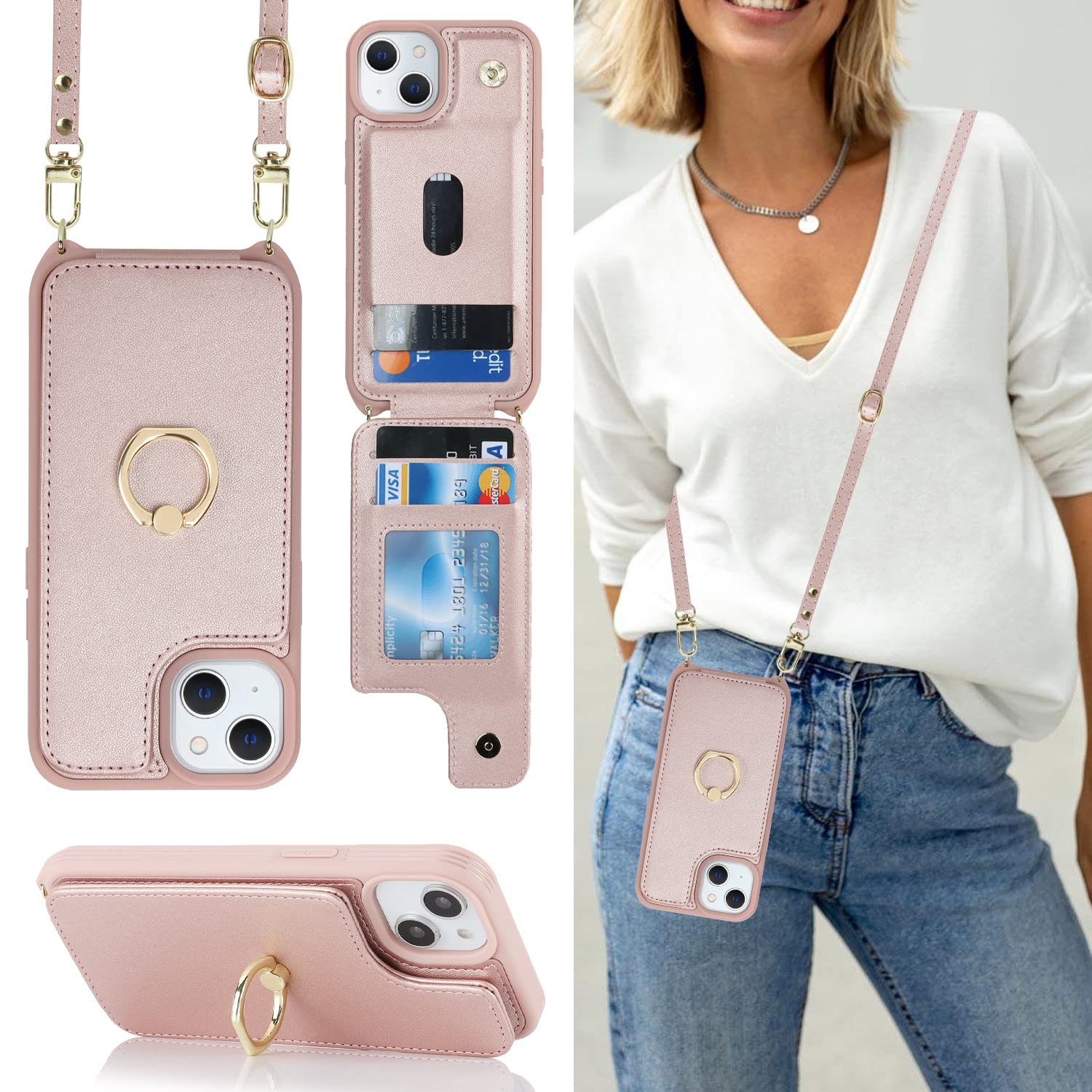Lipvina Crossbody Wallet for iPhone 14 Case with Strap-Rose Gold