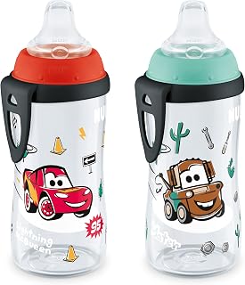 NUK First Choice Active Cup 2.0, 10oz, 2-Pack, Disney Cars | 8+ Months, Spill-Proof Soft Spout, Smooth Transition to First Cup, Ultra-Lightweight with Carry Clip, BPA-Free