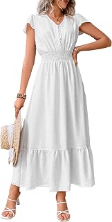PRETTYGARDEN Women Boho Short Sleeve V Neck Ruffle Flounce Smocked Cocktail Maxi Dress