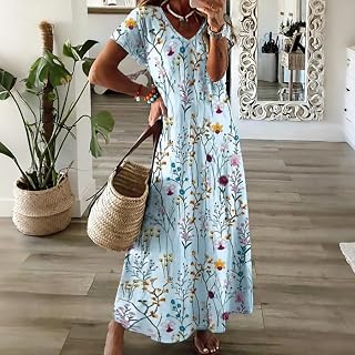 Women Summer Short Sleeve V Neck Floral Print Dress