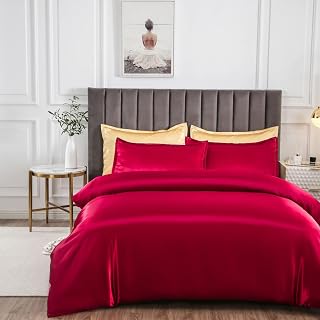 Morbuy Satin Duvet Cover Set King - Silky Bedding Set for Hair and Skin Care, Luxury Silk Feel Aesthetic Red Bedding with 2 Pillowcases, Durable 105GSM High-Density Fabric, 220x230cm