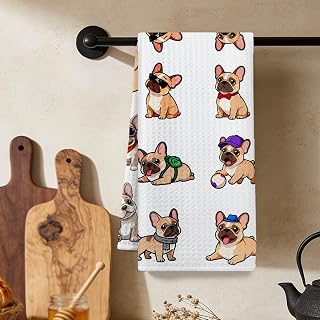 Playful French Bulldog Kitchen Towel, Absorbent Microfiber Decorative Cloth Tea Towel, Waffle Hand Towel for Kitchen Home Bathroom, Gift for Dog Lovers