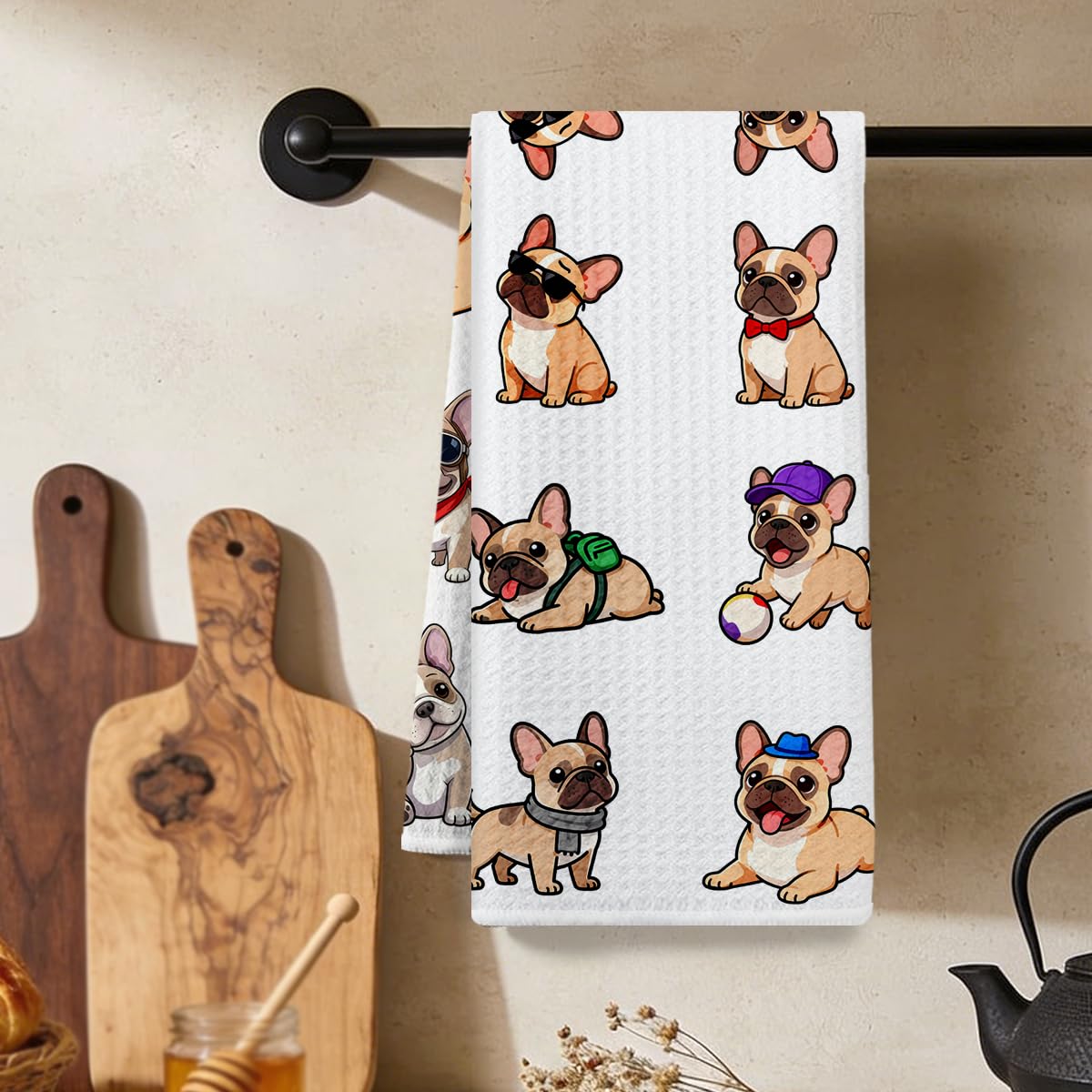 Playful French Bulldog Kitchen Towel, Absorbent Microfiber Decorative Cloth Tea 