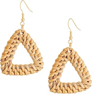 MINACHI Boho Chic Handmade Rattan Wood Dangle Drop Earrings for Women, Bohemian Summer Beach Statement Jewelry Gift for Women