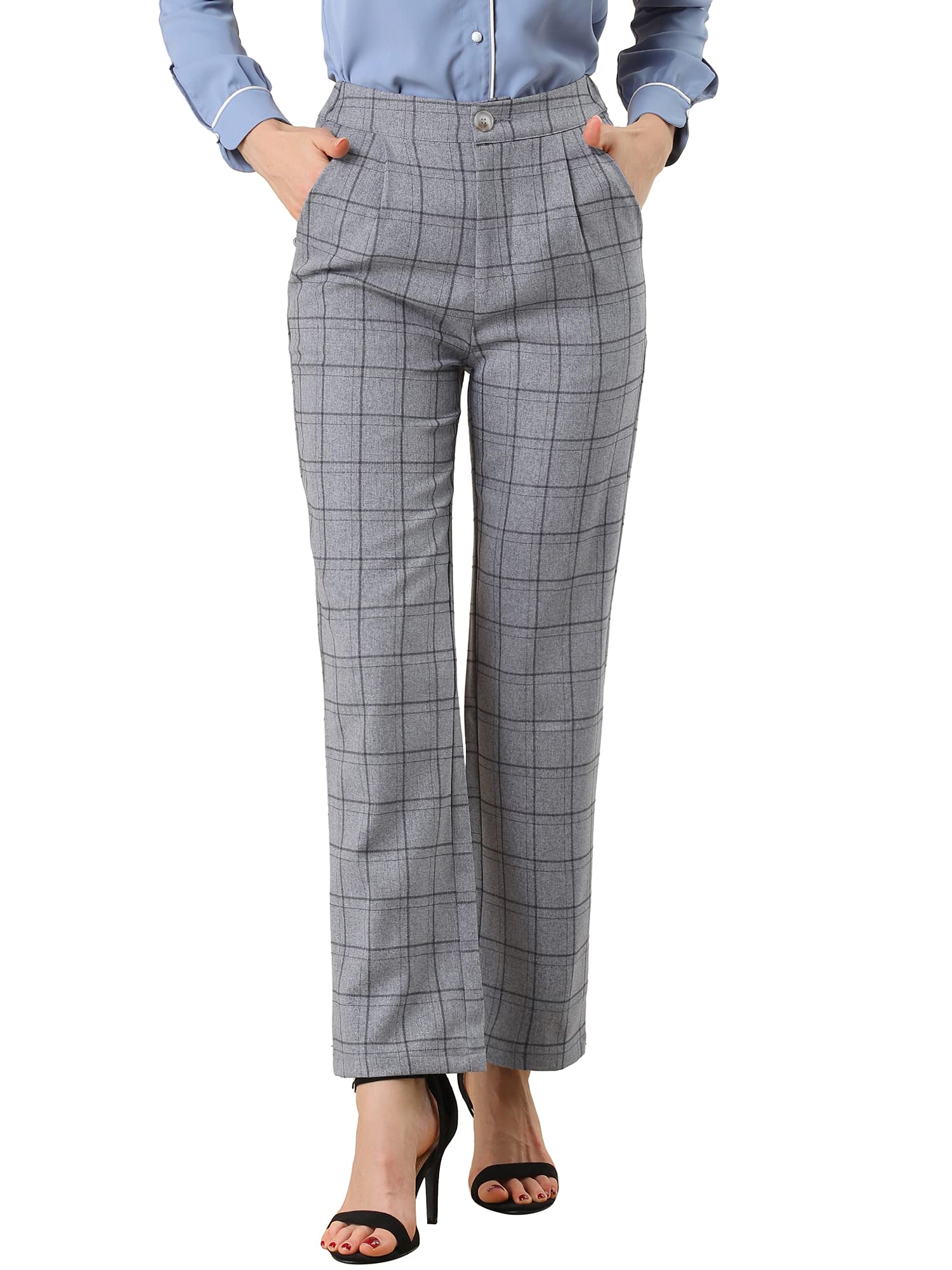 Allegra K Ladies Long Plaid Pants Elastic Waist Casual Work Office Trousers, dar