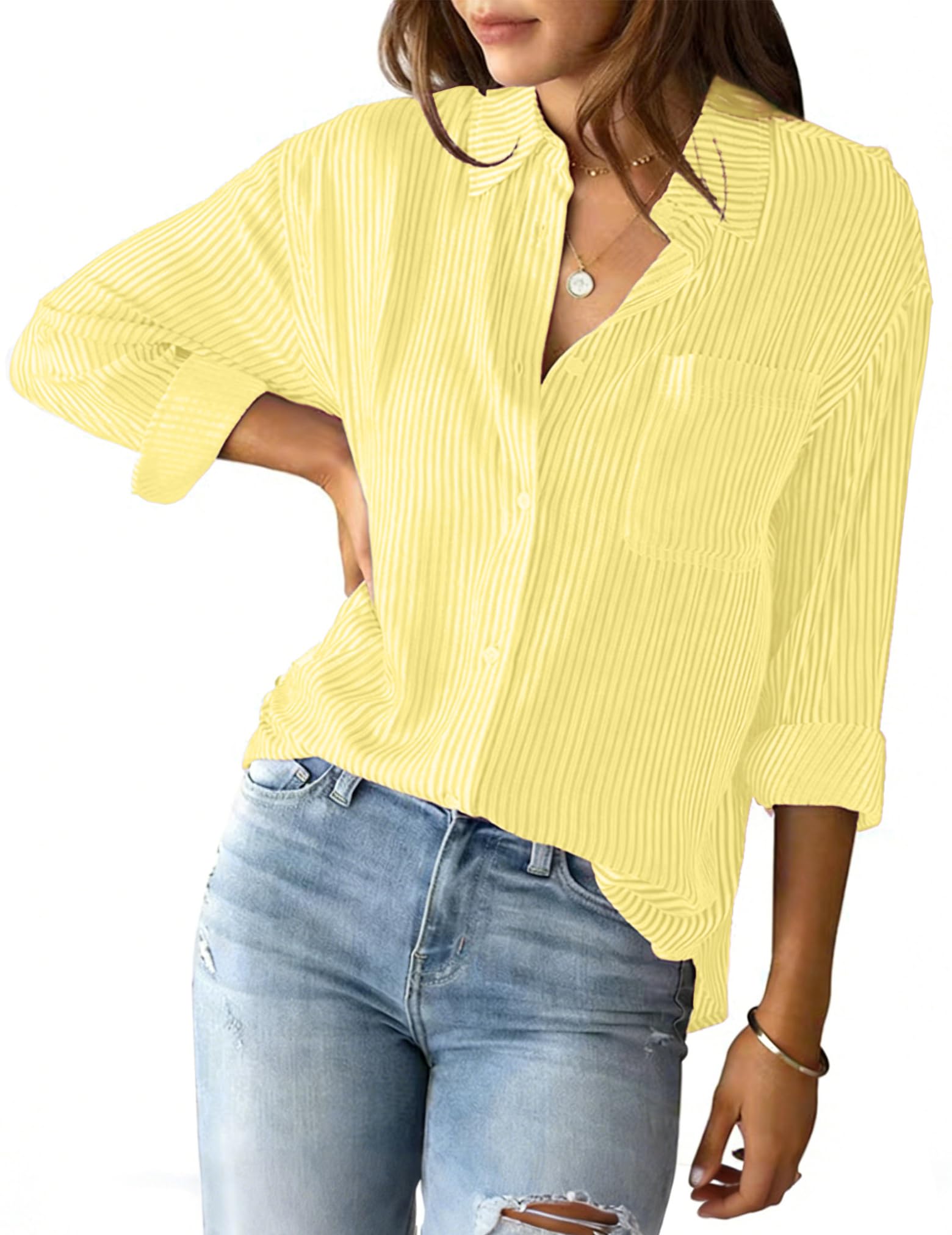 Women's Casual Classic Button Down Striped Long Sleeve Shirt with Pocket