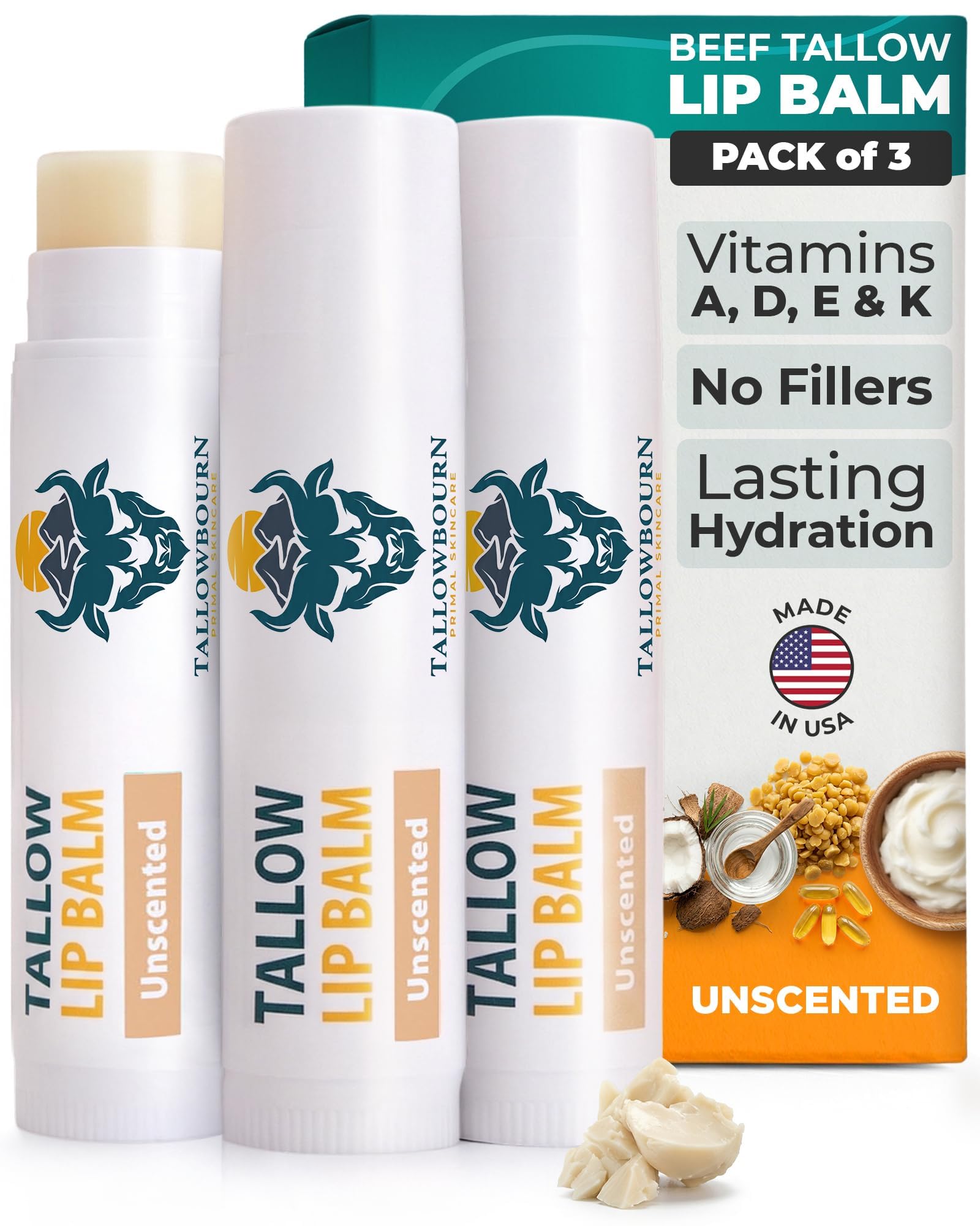 Tallowbourn Moisturizing Grass-Fed Beef Tallow Lip Balm 3pk – Unscented | Fragra