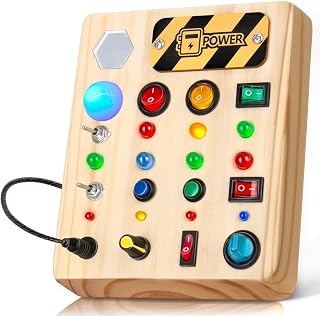 TINTECUSA Busy Board Montessori Toys for Toddler, Wooden Sensory Board Switch Toy with Shape Sorter LED Light Up Toys Educational Plane Travel Activity for Girls & Boys