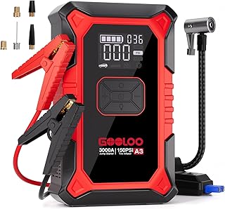 GOOLOO A3 12V 3000A Portable Jump Starter with Air Compressor | Supersafe Car Battery Booster Pack (9L Gas/6.5L Diesel) - BOOST for Dead Battery - 150 PSI Auto-Off Tire Inflator - LED Light