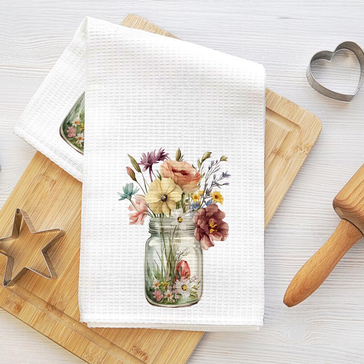 Rustic Floral Kitchen Towels 24x14 Inch Spring Summer Wildflowers Jar Honeycomb 