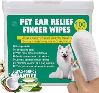 100 XL Dog Ear Cleaning Finger Wipes - Larger & thicker 1.77" Natural Coconut Oil & Aloe Dog Ear Wipes | Gently Removes Wax, Odor, Dirt For Dogs & Cats | Hypoalergenic Biodegradable Dog Ear Cleaner