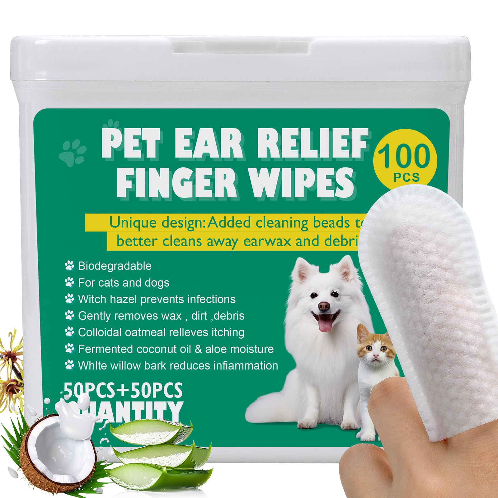 100 XL Dog Ear Cleaning Finger Wipes - Larger & thicker 1.77" Natural Coconut Oi