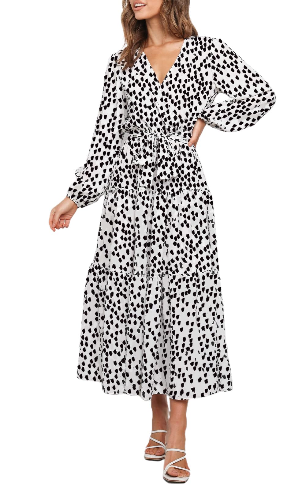 PRETTYGARDEN Womens Spring Long Sleeve Wrap V Neck Ruffle Floral Maxi Dress Casu
