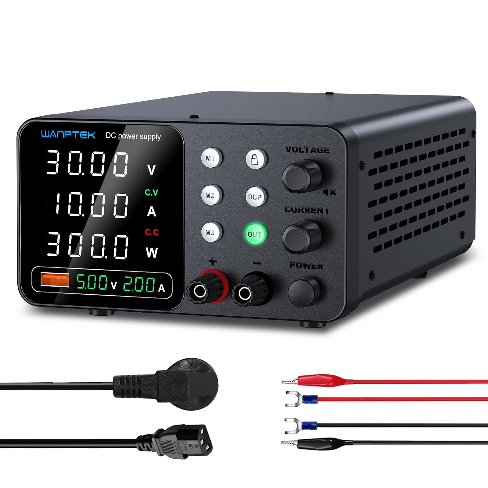 WANPTEK DC Bench Power Supply 30V 10A, Regulated Variable Lab Power Supply with 