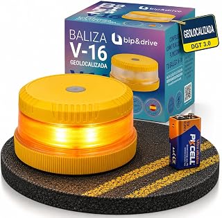 Beacon V16 Approved DGT with Geolocation | Emergency Light Car LED 360° 1 km | Connected DGT 3.0 Platform | Rain Resistant | with Battery Indicator and Magnetic Base | Bip&Drive