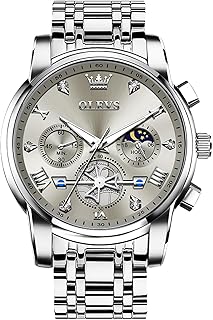 OLEVS Men Watches Stainless Steel Chronograph Watch, Large Wrist Analog Quartz Watch, Fashion Waterproof Diamond Roman Numerals Dress Watches for Men, Gold/Black/White/Blue/Grey Dial