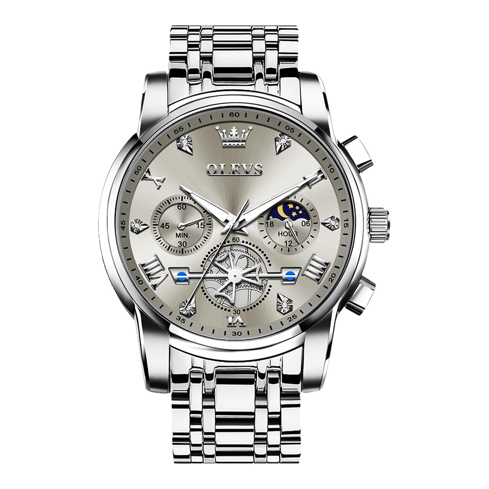 OLEVS Men Watches Stainless Steel Chronograph Watch, Large Wrist Analog Quartz W