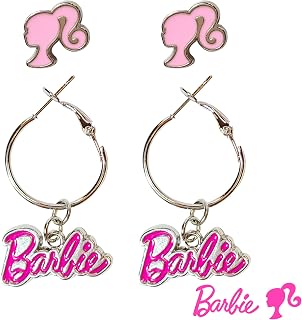 LUV HER Barbie Hypoallergenic Earrings for Girls - Hot Pink Stud Earrings & Fishhook Drop Earring Set with Charms - One Size Fits Most - Barbie Accessories for Girls Ages 4+