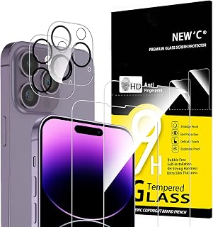 New'C for iPhone 14 Pro Max for Tempered Glass 6.7 Inch (2 Pieces) and 2 x Camera Tempered Glass Protection for Camera Protection (Pack of 2) Scratch-Resistant Extremely Durable 9H Hardness Glass