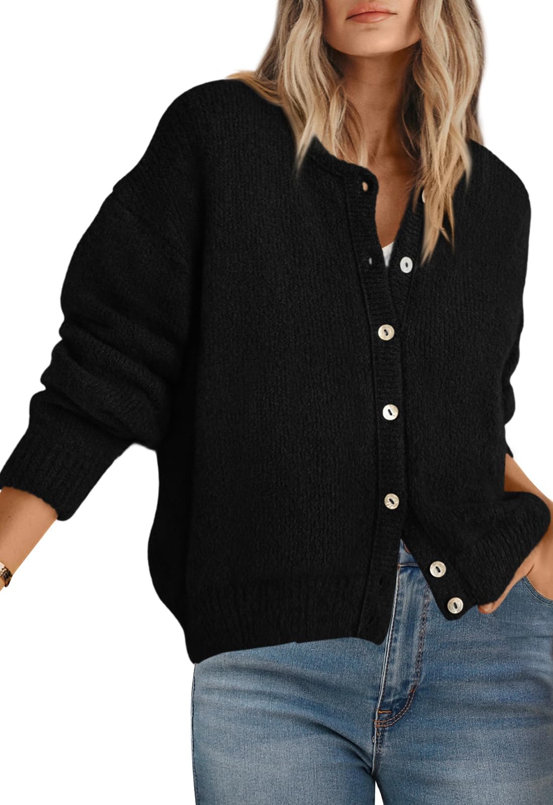 PRETTYGARDEN Women Sweaters Long Sleeve Round Neck Autumn Button Open Front Chun