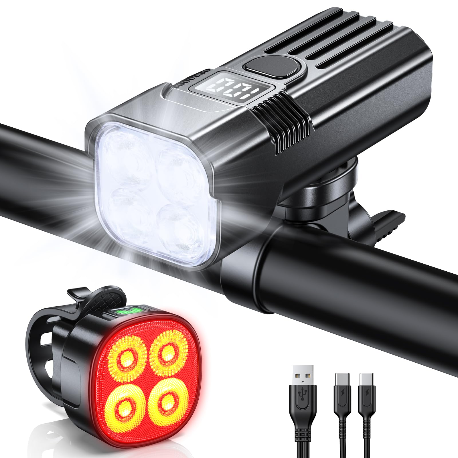 Mohard Front and Rear Bike Light, [2000LM Super Bright & 4+7 Modes] | [LED Displ