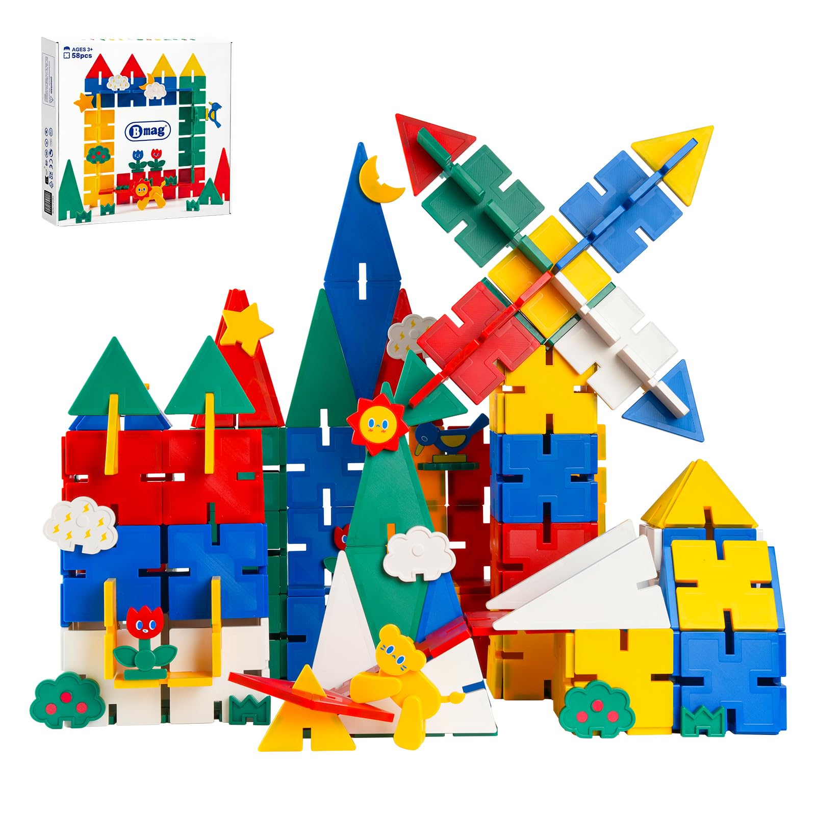 Bmag 2 in 1 Magnetic Tiles with Snap Interlock Edges 58Pcs | Snap-fit Magnetic T