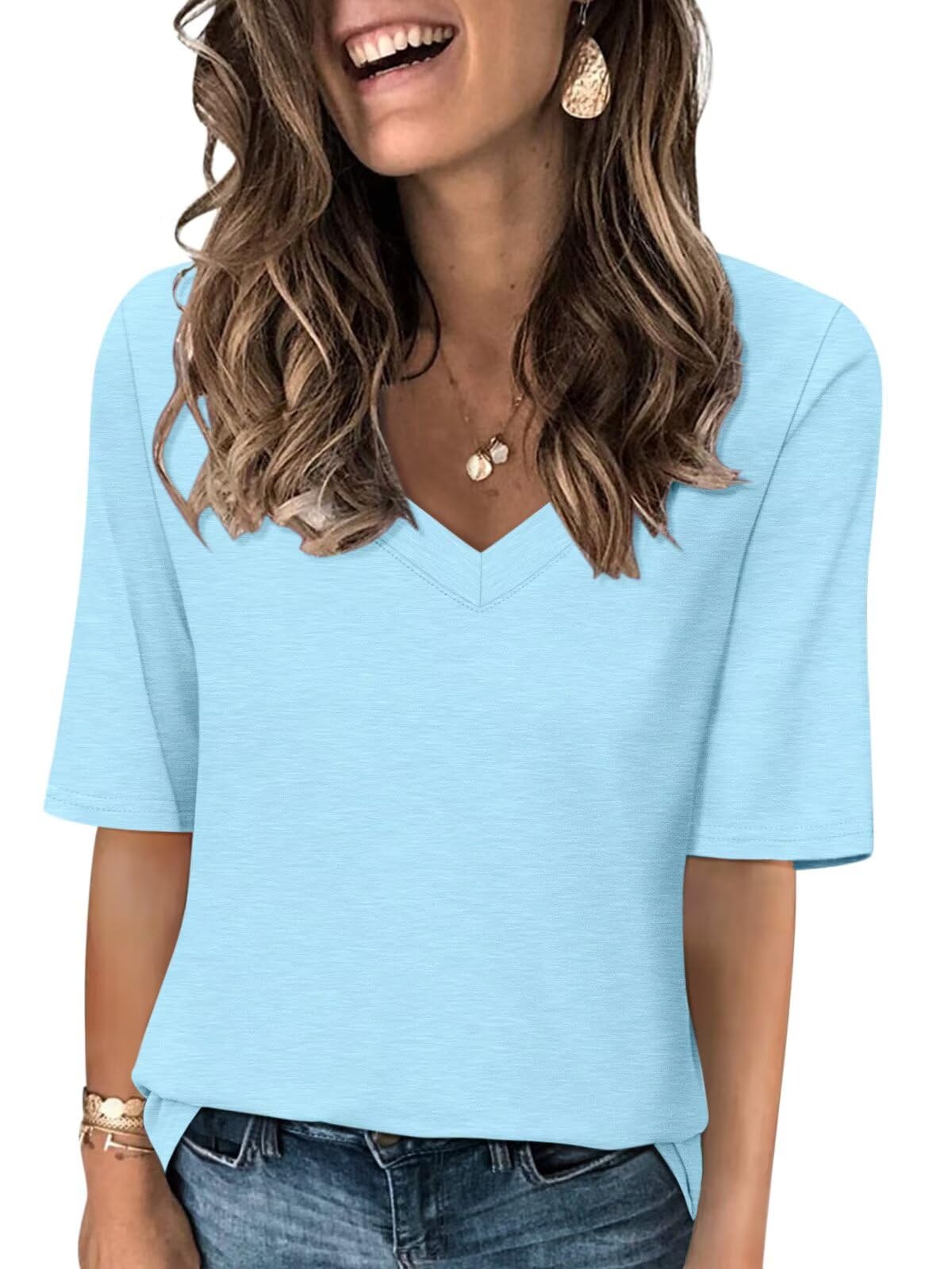 Minetom Women T Shirt V Neck Casual Half Sleeve Basic Summer T Shirts