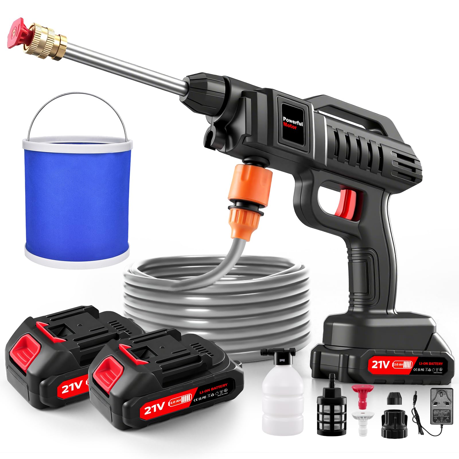 21V Cordless Pressure Washers with Bucket,2 Batteries & 5m Hose,870PSI Portable 
