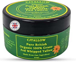 CJTallow Whipped Tallow Balm | CERTIFIED ORGANIC 100% Grass-Fed British Beef Tallow | Natural Moisturiser for Dry, Sensitive & Reactive Skin | Fragrance-Free | Handmade in Hampshire UK | 60grams