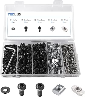 TOCLUX 200 pcs 20 Series Aluminum Extrusion Black M5 T-Nut and Screw Kit – Sliding & Drop-in T-Nuts, M5x8mm & M5x10mm Screws, Washers – for 6mm T-Slot Accessories Extruded Aluminum Hardware