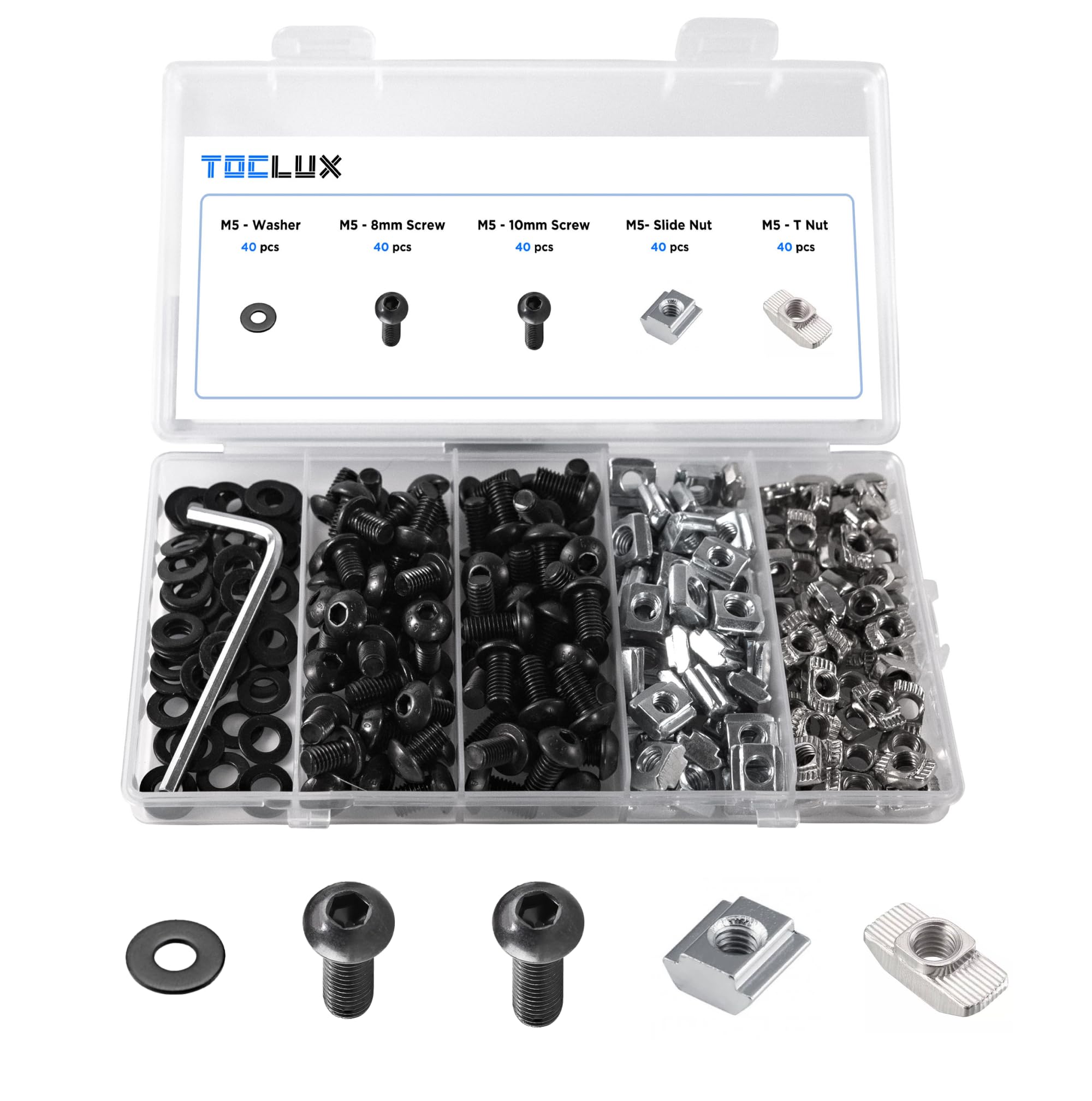 TOCLUX 200 pcs 20 Series Aluminum Extrusion Black M5 T-Nut and Screw Kit – Slidi