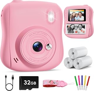 Hangrui Kids Camera Instant Print with 32GB Card for Girls & Boys Age 3-8 | 3 Rolls Print Paper, HD 1080P Video Digital Toddler Toys, Christmas Birthday Gifts for Children 3 4 5 6 7 8 Years Old, Pink