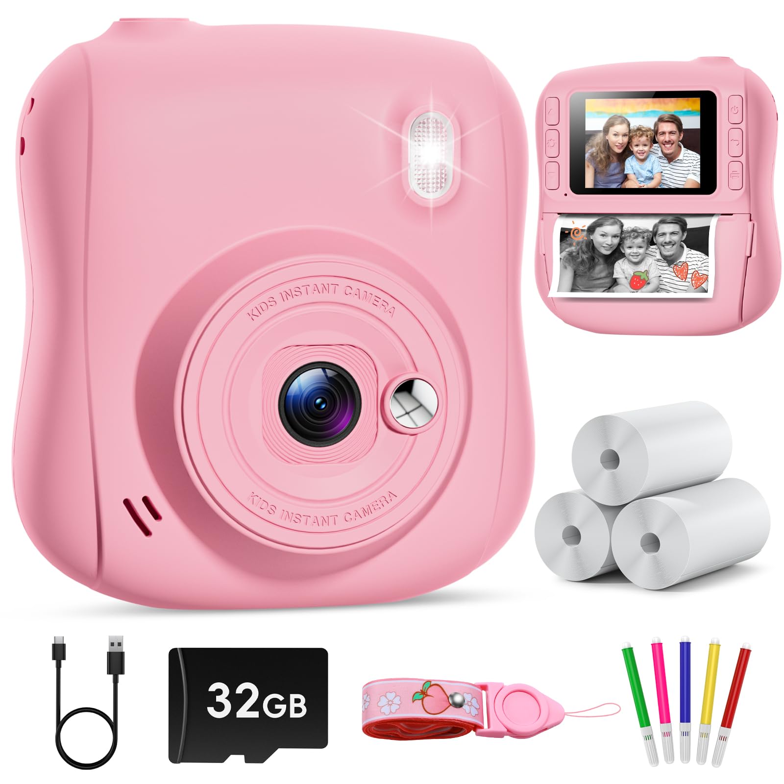 Hangrui Kids Camera Instant Print with 32GB Card for Girls & Boys Age 3-8 | 3 Ro