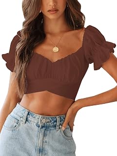 LYANER Womens Ruffle Short Sleeve Tie Back Crop Top Off Shoulder Bardot Blouse