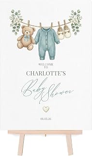 Personalised Baby Shower Welcome Sign/Poster - Boho Nursery Theme - (Blue, A3 Poster with Easel)