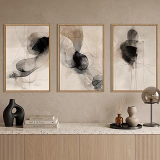 HPINUB - Set di stampe artistiche da parete su tela con cornice neutra, decorazione da parete con acquerello nero beige, moderna linea geometrica beige, opera d'arte per soggiorno, camera da letto