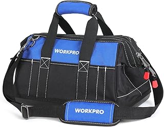 WORKPRO 16-inch Wide Mouth Tool Bag with Water-Proof Molded Base | Multi-Pocket, Heavy Duty Cloth, Adjustable Shoulder Strap, Double-pull Zipper, Suitable for Workshops, Outdoor Projects